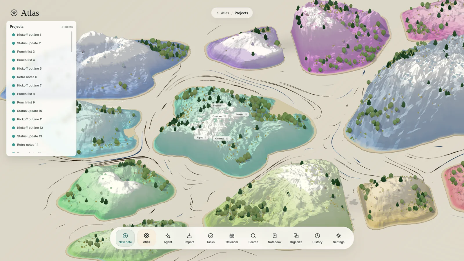 A focused island in the Press Atlas, with named coves for its sub-themes and the territory's note list open