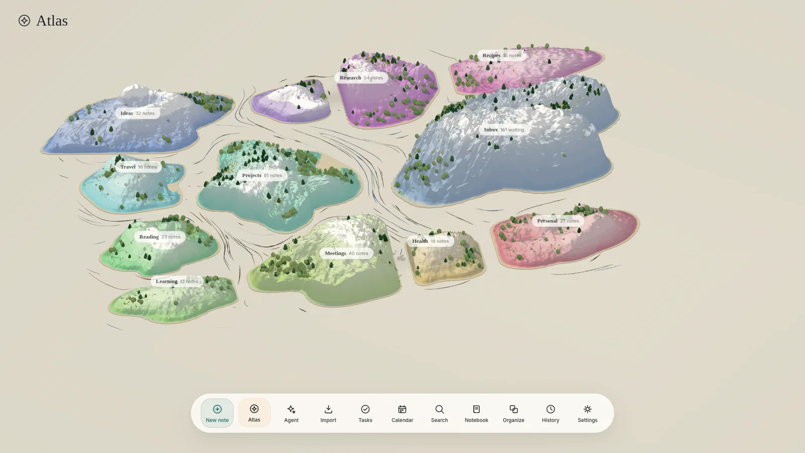 The full Press Atlas at close range — a dozen pastel islands with snow-capped peaks, forests, beaches and inked currents between them