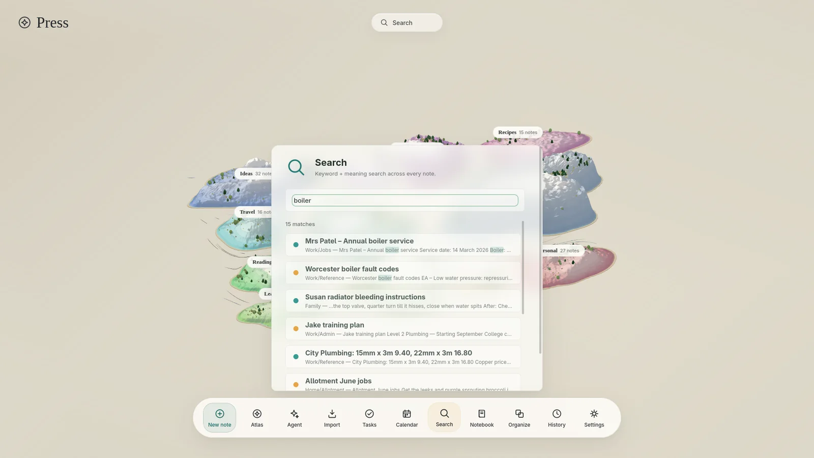 Press search results for 'boiler' showing matched notes with highlighted excerpts