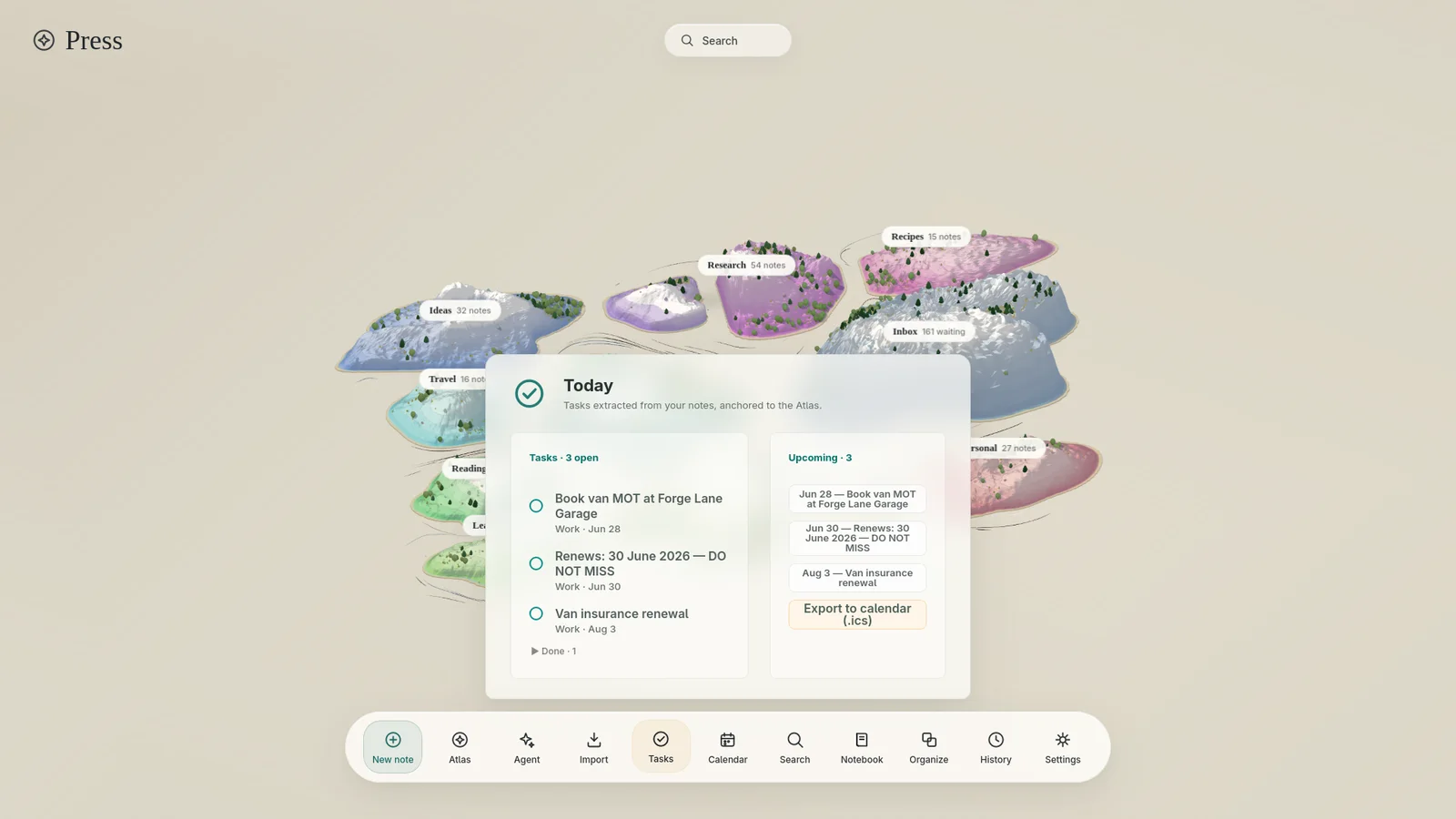 The Tasks panel listing open tasks extracted from notes, with due dates and an upcoming list